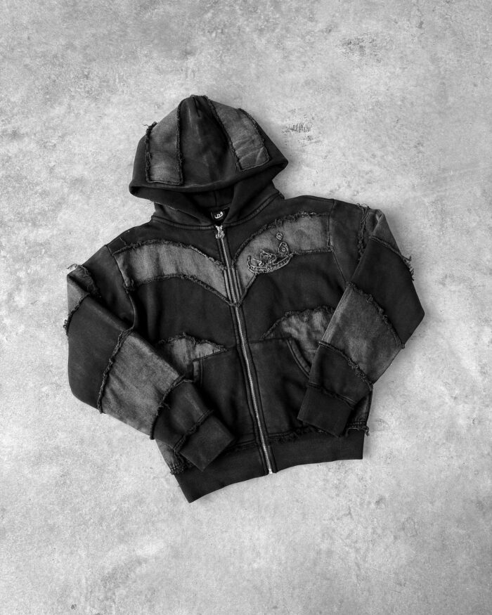 Sweat à Capuche Zippé Noir Effiloché 808 Vision (1)